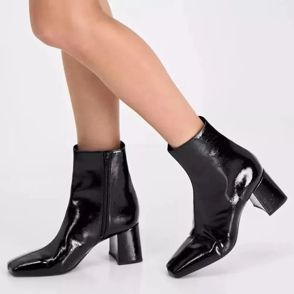 On 34th Margoe Square-Toe Booties Black Crinkle Patent Size 8.5M - F52 - Picture 6 of 6